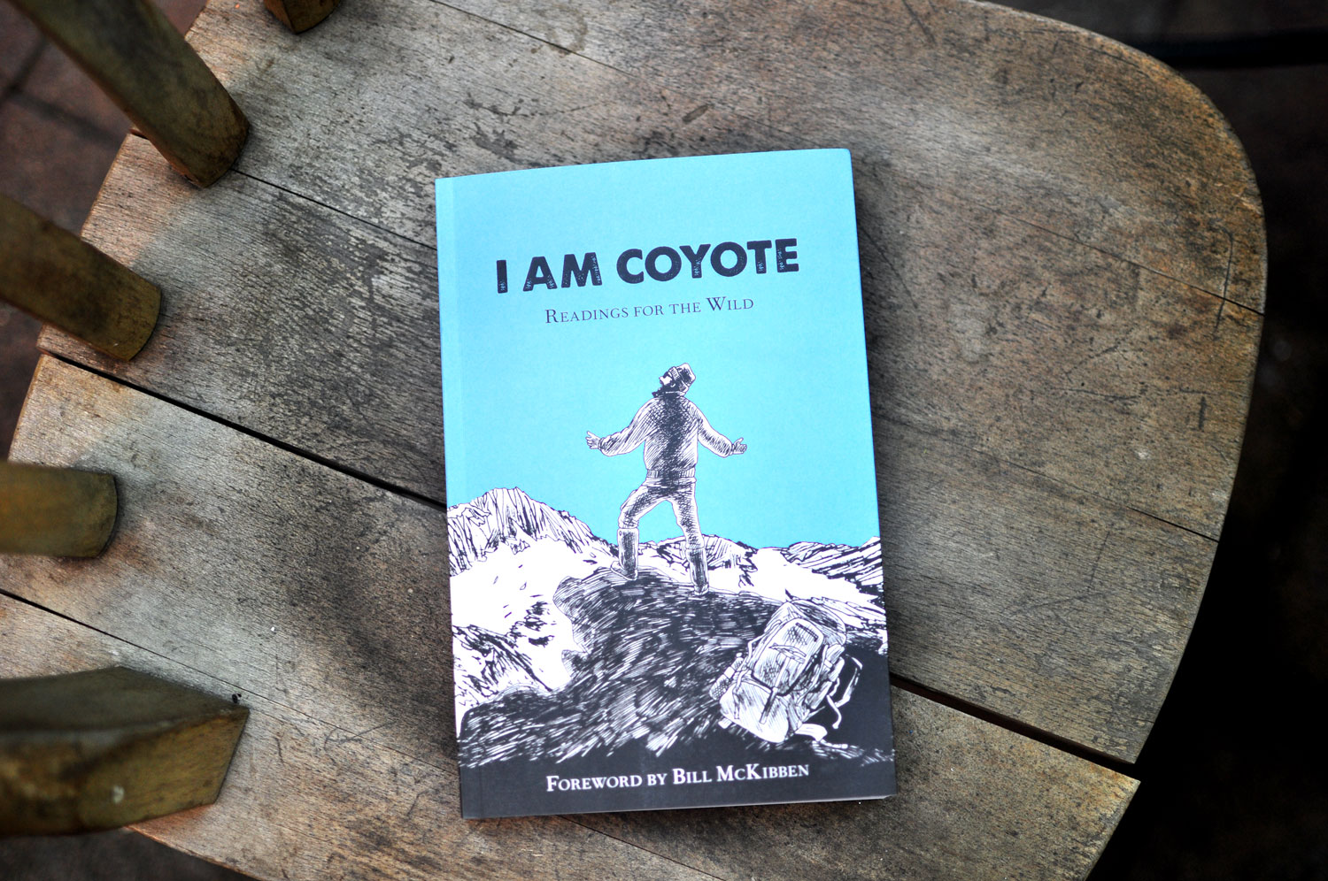 Cover of the I AM COYOTE: Readings for the Wild book with an illustration of a man on top of a mountain yelling out.