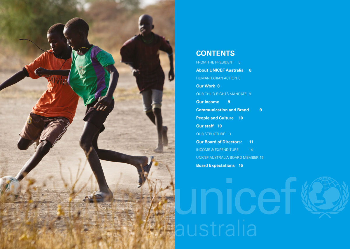 Image of the table of contents for the UNICEF Australia annual report.