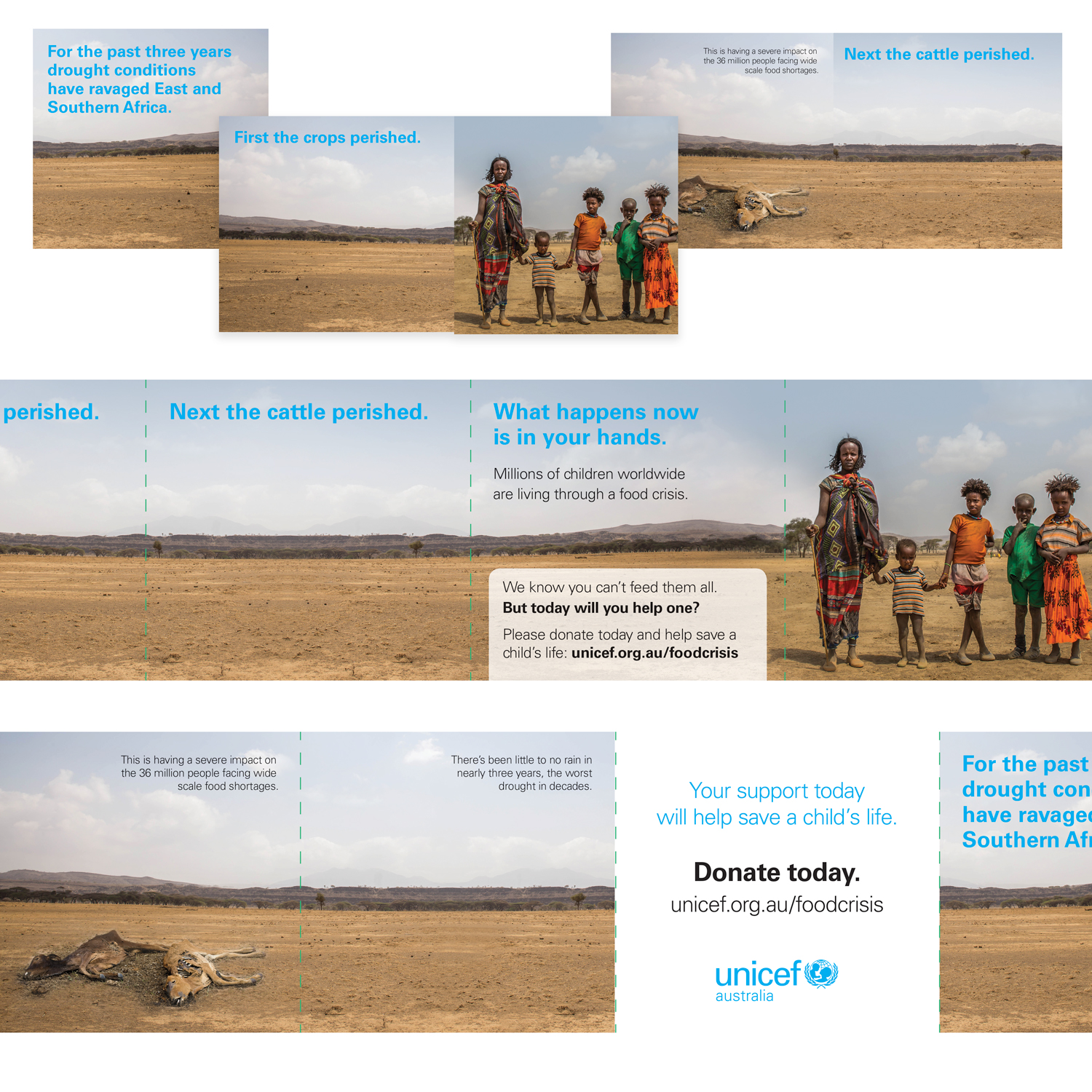 Image of a square roll fold brochure for UNICEF Australia. This was to raise donations for issues stemming from a large drought in Eastern and Southern Africa in 2017.