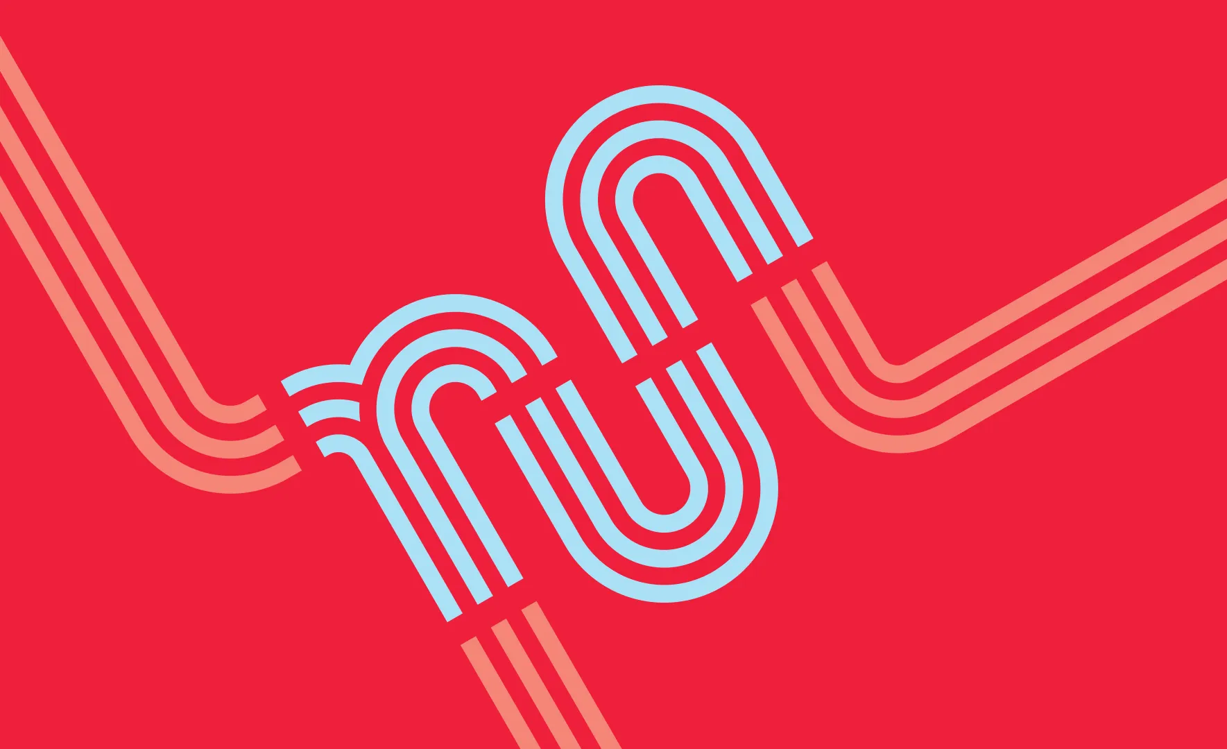 Logomark of the word run drawn using multiple, parallel lines in red and light blue on a bright red background