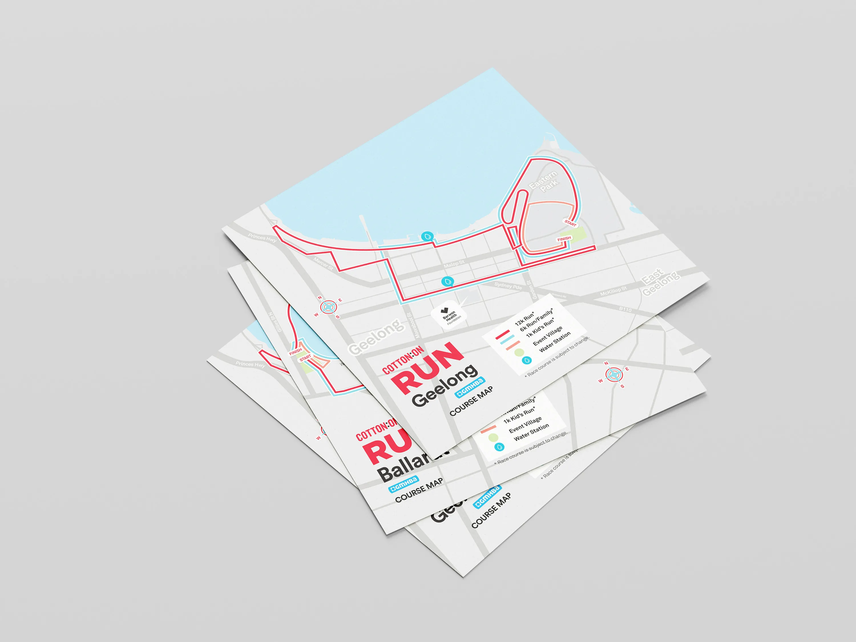 Stack of flyers with the course map and amenities for each run location