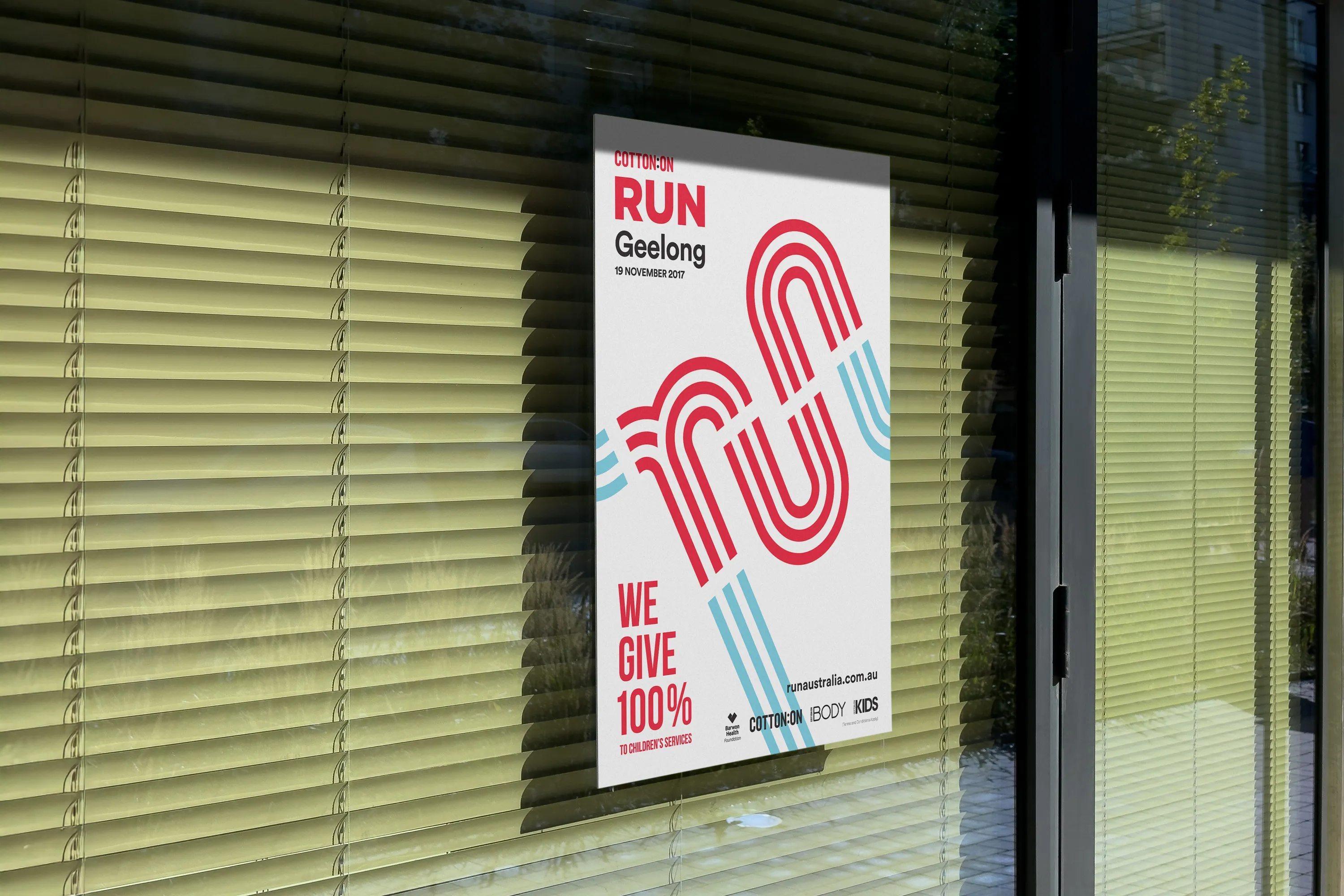 Poster promotiong Cotton On run with "We give 100%" in bold letters