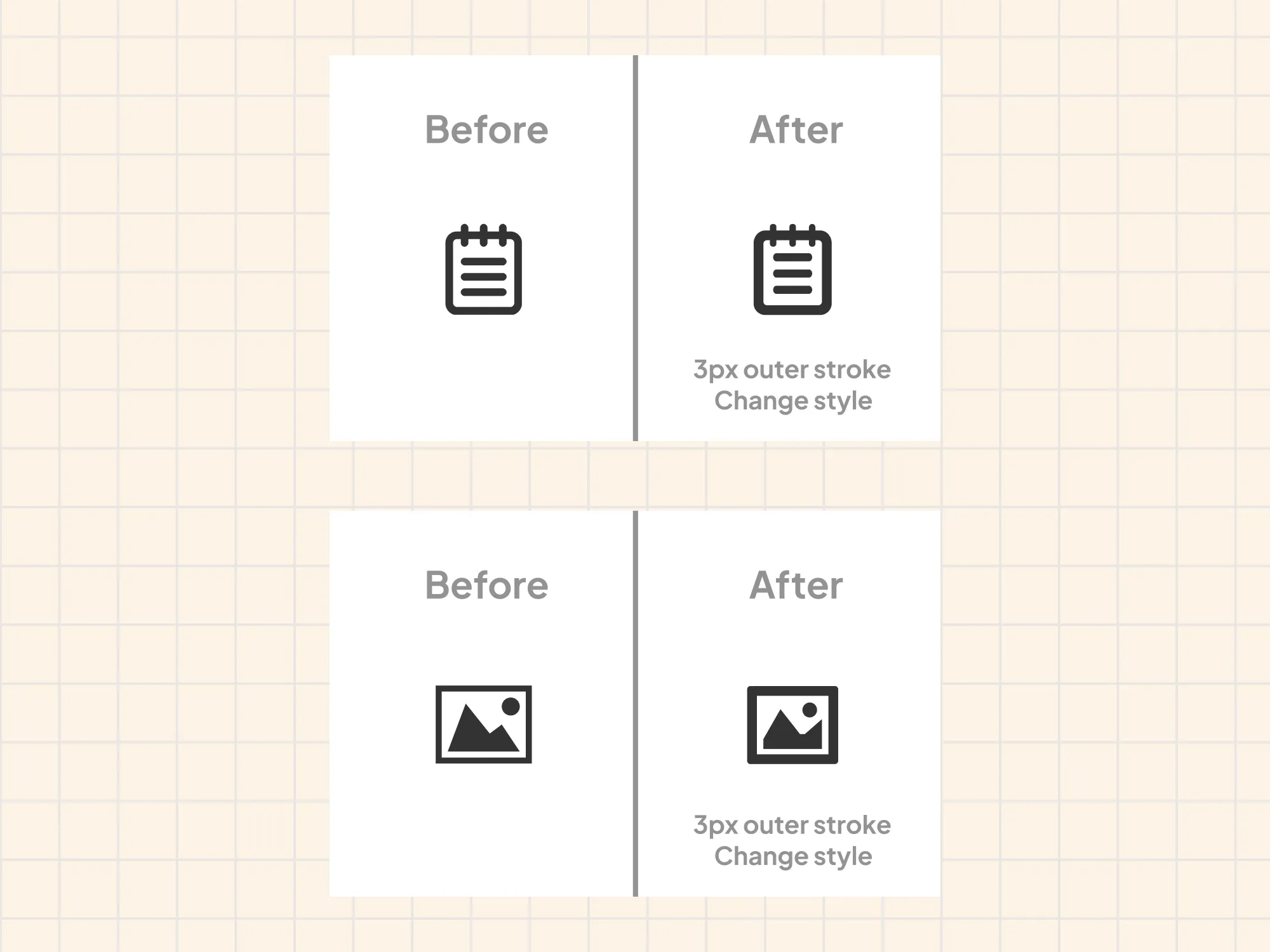 Icon style before and after — stroke weight and visual cleanup