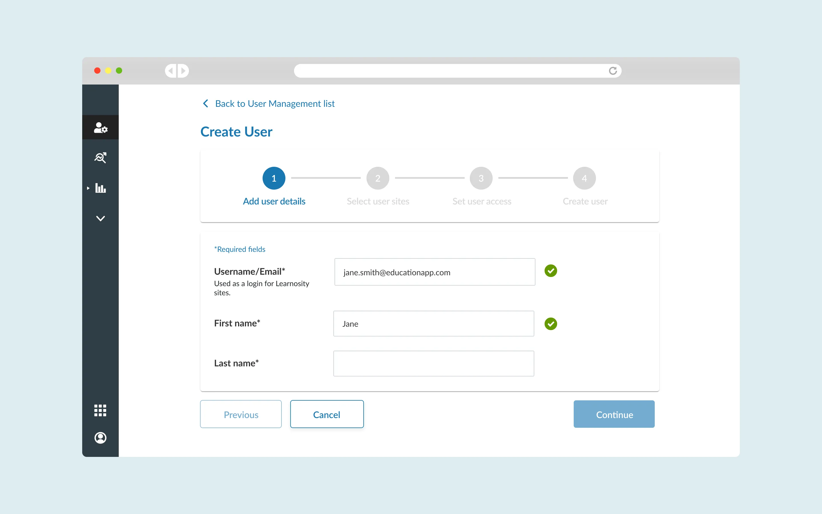 A progress stepper to create a user for an admin persona.